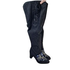 Rose Wand OTK Embroidered Boots Women's 12M Fabric Upper Black Renaissance Boho